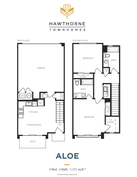 A floor plan for a Hawthorne Townhomes unit named Aloe, showing a 2-Bath, 1,121 sq.ft. space.